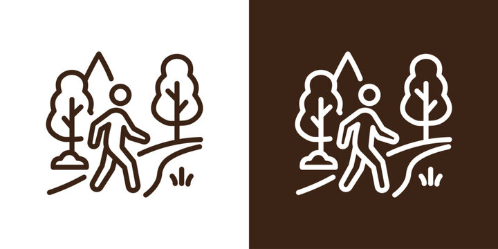 Hiking person vector icon, trekking through nature trail with trees and mountains