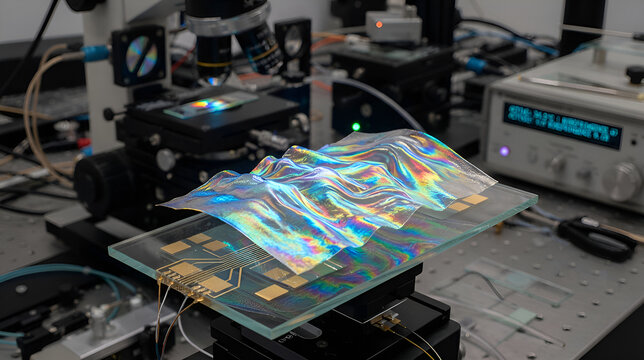 Iridescent flexible film sample under laboratory microscope setup