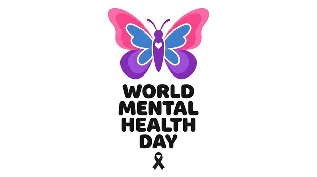 Colorful butterfly illustration representing world mental health day awareness campaign with vibrant pink and purple graphic elements