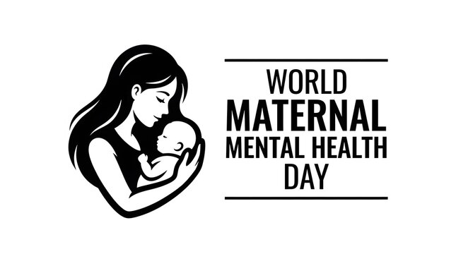 Loving mother holding her newborn baby in black and white vector illustration for world maternal mental health day