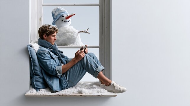 Funny man on a snowy window seat playing a handheld console, unaware of snowman looking through the window behind him