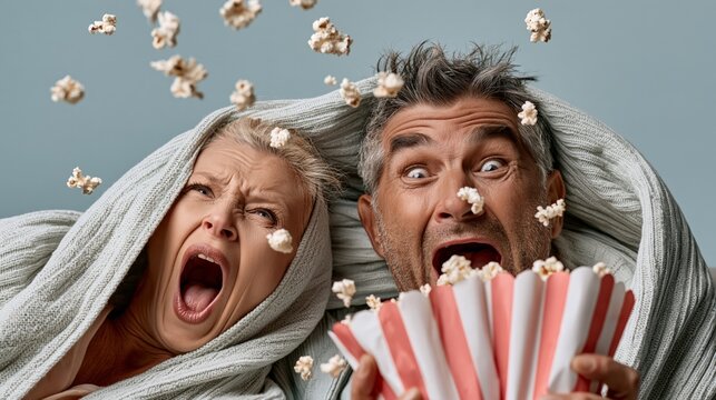 Funny couple wrapped in a blanket screaming at a horror movie with popcorn flying in the air, humorous winter movie night photo