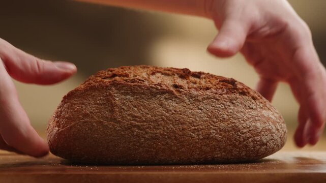 Bread assortment close up, rustic sourdough loaf, whole grain seed bread and baguette on Mediterranean table, knife cutting artisan bread, Italian bakery
