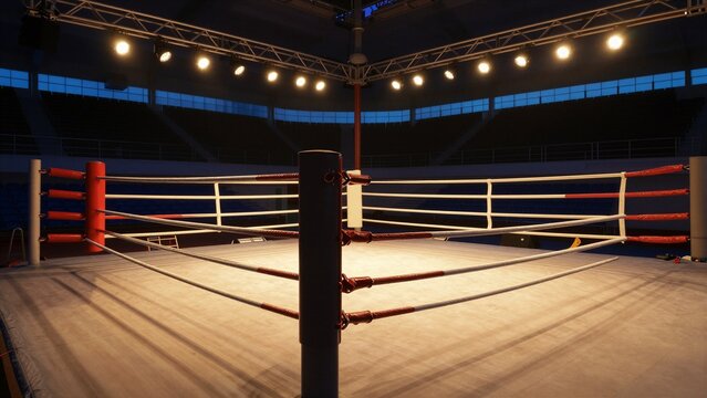 A quiet, empty boxing ring illuminated by spotlights in a large indoor sports arena with rows of dark spectator seats.