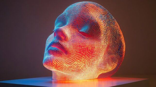 Glowing wireframe human head sculpture on a plain surface
