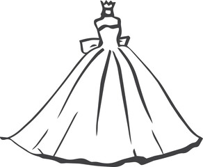 Fototapeta premium Hand drawn wedding dress and bridal gown collection featuring elegant brides, long veils, flowing dresses and flower bouquets in romantic line art style.