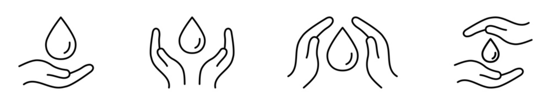 Hands holding water drops icons for conservation websites, apps, campaigns, and infographics.