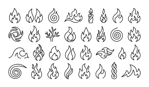 Dynamic flame and fire thin line icon collection with abstract editable outline symbols