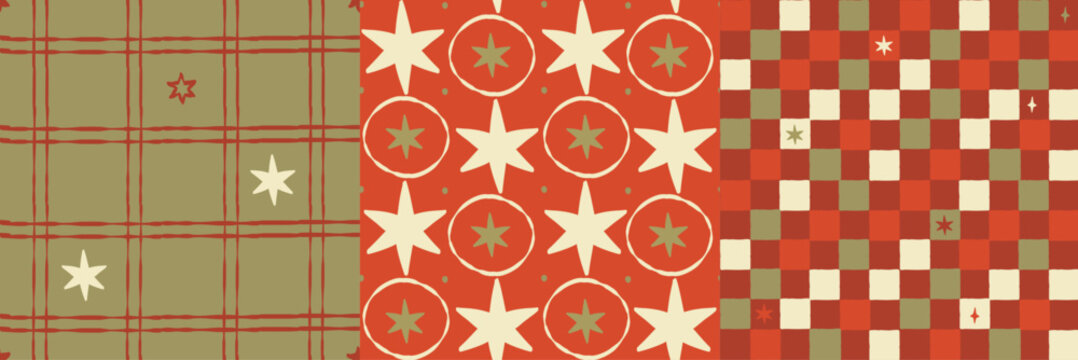 Vector seamless Christmas pattern with hand-drawn holiday elements. New year geometric shapes, stars and checked ornament in festive retro color palette. Winter holiday vintage background texture.