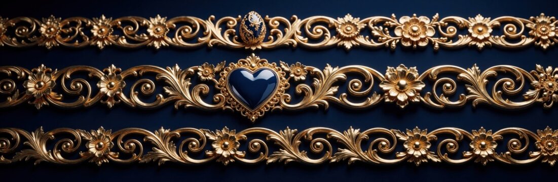 Three horizontal gold ornate borders on dark blue background. Luxury metallic floral frame with scrolling foliage, heart medallion, rosette, decorative egg. Elegant baroque pattern with gilded
