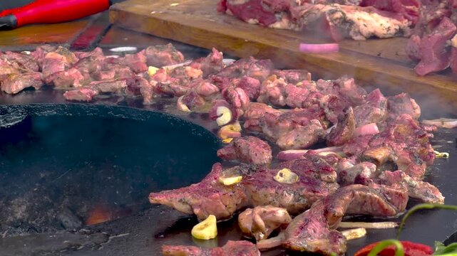 Sizzling pieces of seasoned meat grilling on a hot circular outdoor barbecue plate with rising smoke and sliced red onions during a culinary cookout feast. 4K video.