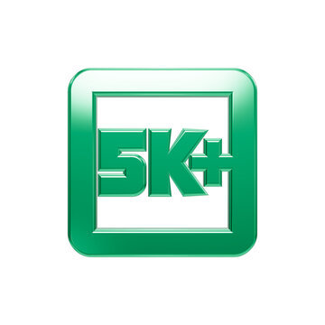 Metallic green 5K plus logo icon on a solid black background, representing high definition display technology, digital media resolutions, and futuristic visual entertainment concepts with glowing bord