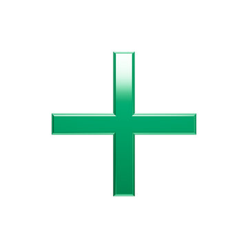 A shiny green plus sign symbol glows brightly against a solid dark black background, featuring a sleek metallic beveled texture, vertical gradient reflection, and modern digital interface aesthetics.