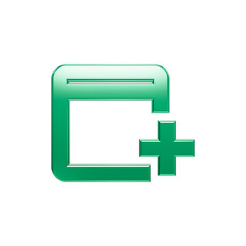 A shiny metallic green browser window icon with a plus sign symbol on a solid black background, representing web application creation, bookmarking, and digital user interface elements design.