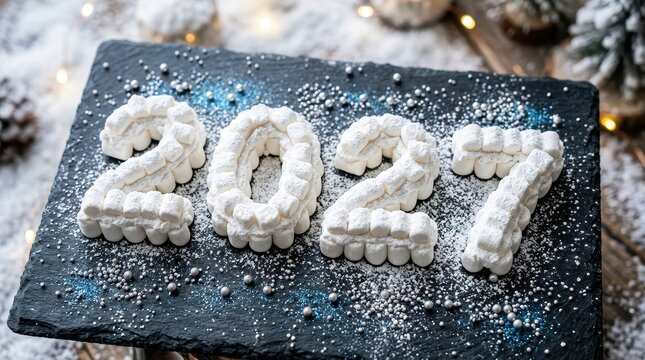 2027 year numbers made of marshmallows on slate with powdered sugar and silver sprinkles for New Year celebration and winter holiday greeting card