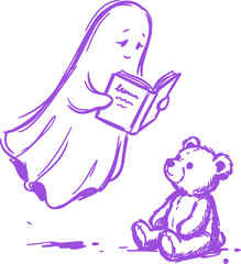 Obraz premium Ghost reading a book to teddy bear in hand drawn cartoon scene