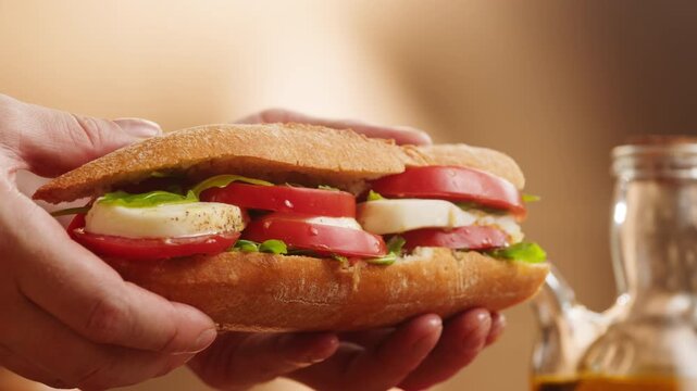 Sandwich with tomato and mozzarella, Italian style caprese baguette with fresh arugula, vegetarian bocadillo close up for cafe breakfast menu