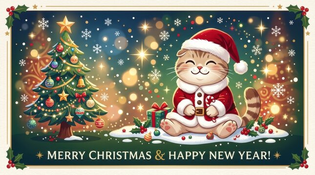 Cute cartoon cat wearing Santa outfit sitting by decorated Christmas tree with snowflakes and gifts, holiday greeting card for New Year 2027