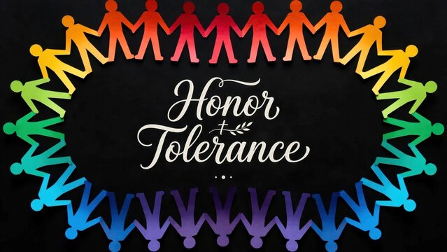 Paper chain of colorful human figures forming a circle, Honor and Tolerance text, concept of equality and diversity for International Day of Tolerance