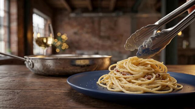 Close up footage of steaming spaghetti pasta served on restaurant table