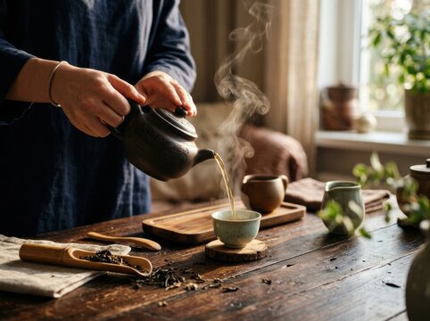 Woman pouring hot tea from a clay teapot into a ceramic cup, Tea Lantern Festival in Taiwan, mindfulness and relaxation practice in a rustic home setting