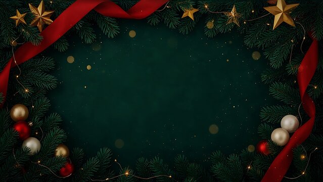 An elegant Christmas frame featuring lush pine branches, golden stars, red ribbons, and festive baubles over a dark green background, created with generative ai.