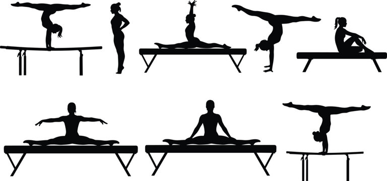 Gymnastics silhouette icon set featuring balance beam, handstands, splits, athletic poses vector design.