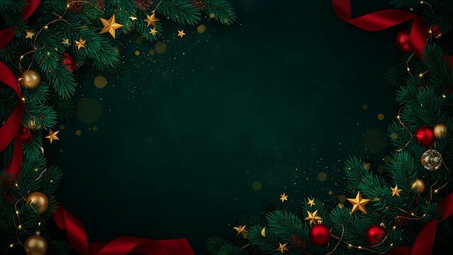 An elegant Christmas frame featuring lush pine branches, golden stars, red ribbons, and festive baubles over a dark green background, created with generative ai.