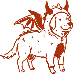 Obraz premium Winged dragon dog with horns and tail in monochrome line art illustration