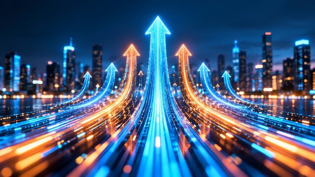 Glowing digital light arrows rising over modern city skyline representing financial growth and business advancement