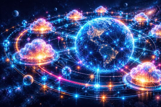 Global Network and Cloud Computing: A stunning digital art representation of earth surrounded by a network of interconnected glowing clouds.