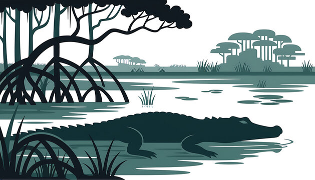 Flat vector illustration of a crocodile silhouette sliding into the water in a tropical wetland mangrove swamp landscape. 
