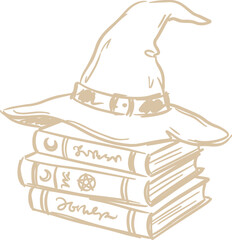 Obraz premium Witch hat resting on stack of books with occult symbols in monochrome line art