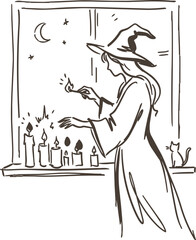 Obraz premium Witch casting a spell beside candles and cat in moonlit window line art illustration