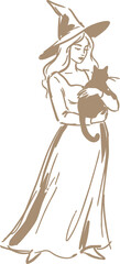 Obraz premium Woman in witch hat holding cat, flowing dress hand drawn vector illustration