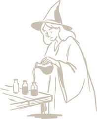Obraz premium Witch stirring a potion beside bottles at a wooden table in monochrome line art