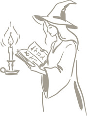 Obraz premium Witch reading a spellbook beside a candle in monochrome line art illustration