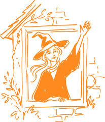 Obraz premium Orange witch raising one hand in a framed window hand drawn illustration