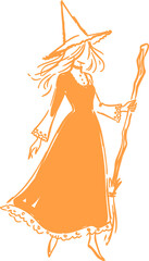 Obraz premium Orange witch in pointed hat holding broom as full body hand drawn vector illustration