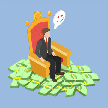 3D Isometric Flat Vector Illustration of Wealthy Man, Successful Businessman Sitting On Throne