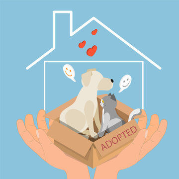3D Isometric Flat Vector Illustration of Pet Adoption, Providing Care For Homeless Animals.