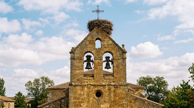 Espada&ntilde;a cl&aacute;sica de piedra con vanos de campanas, coronada por cruz de hierro y un nido de cig&uuml;e&ntilde;a en lo alto.