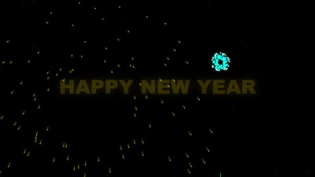 Fireworks explode above a happy new year text display in a celebratory sequence celebration newyear