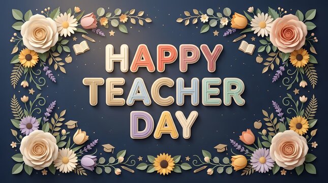 Happy Teacher Day greeting card with floral frame and paper craft typography