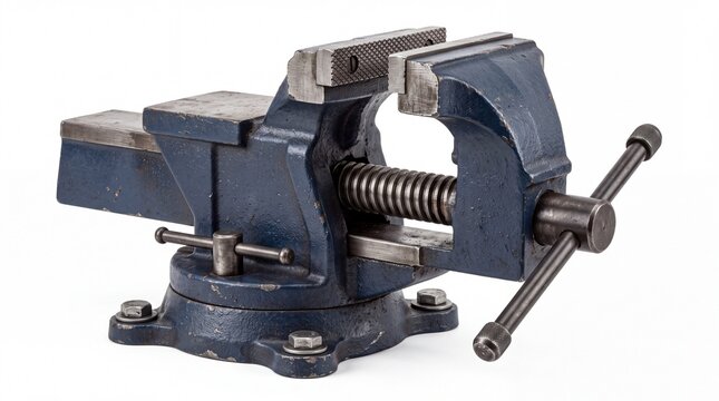 Heavy duty blue metal bench vise isolated on white background