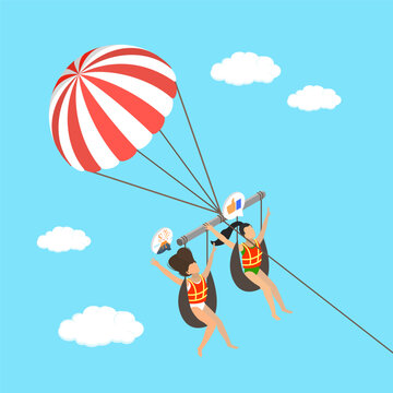 3D Isometric Flat Vector Illustration of Parasailing, Sea Beach Fly