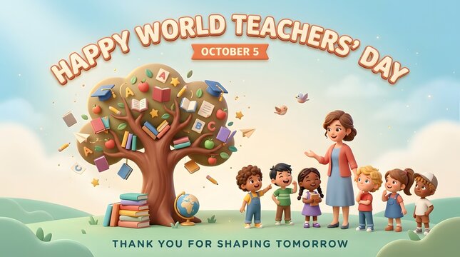 World Teachers Day celebration with a teacher and diverse children by a tree