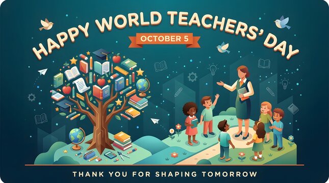 World Teachers Day illustration with teacher and students by knowledge tree