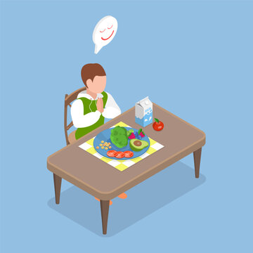 3D Isometric Flat Vector Illustration of Prayer Before Eating, Adorable Child Praying Before Enjoying Breakfast At The Table