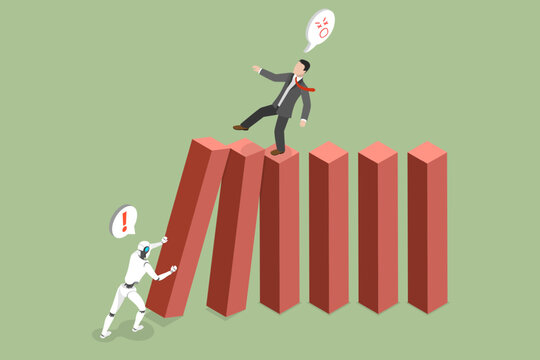 3D Isometric Flat Vector Illustration of AI Impact, Robot Toppling Dominoes, Businessman Tumbling.